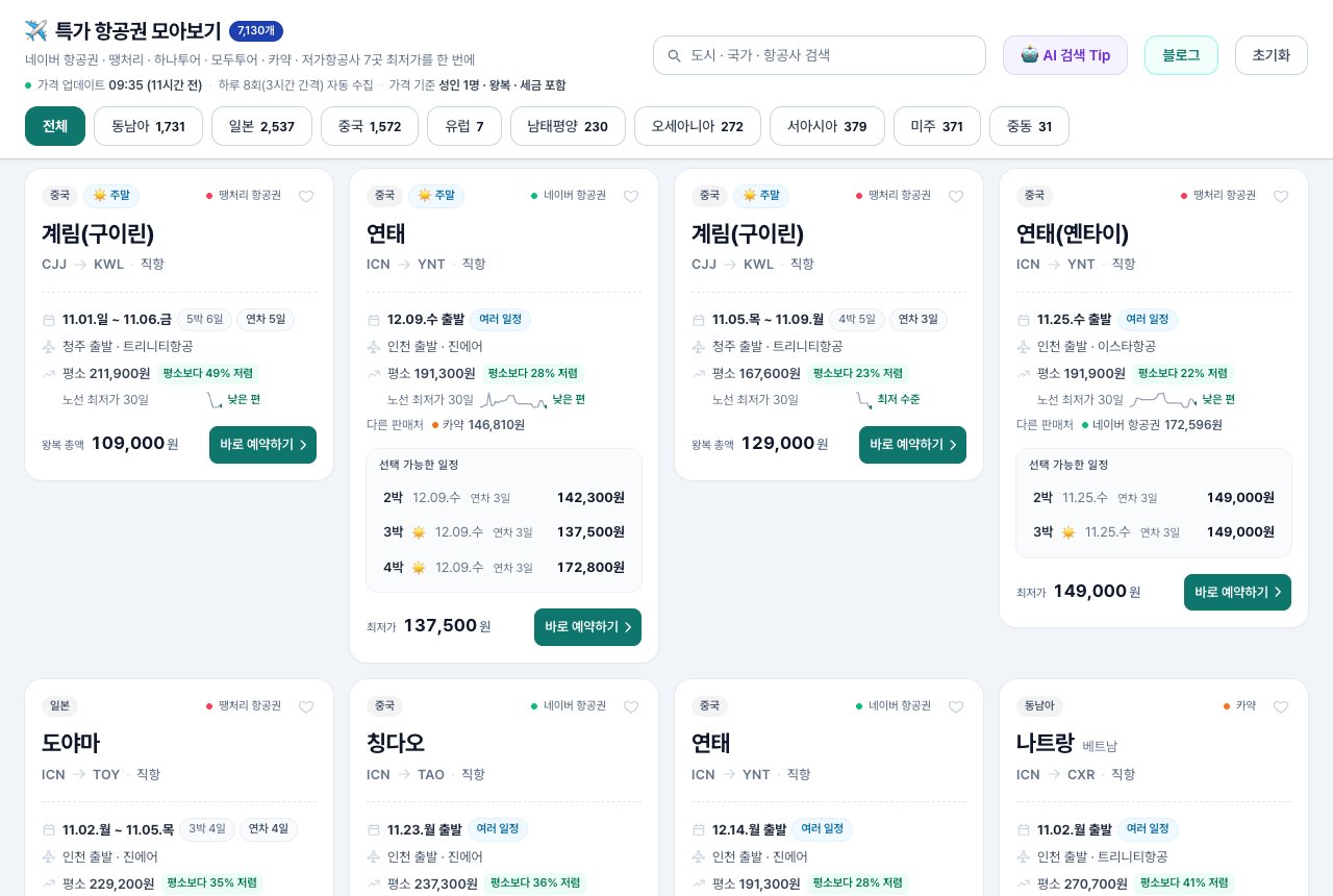에어모아 항공권 결과 목록, 가족여행 항공권 가격 비교