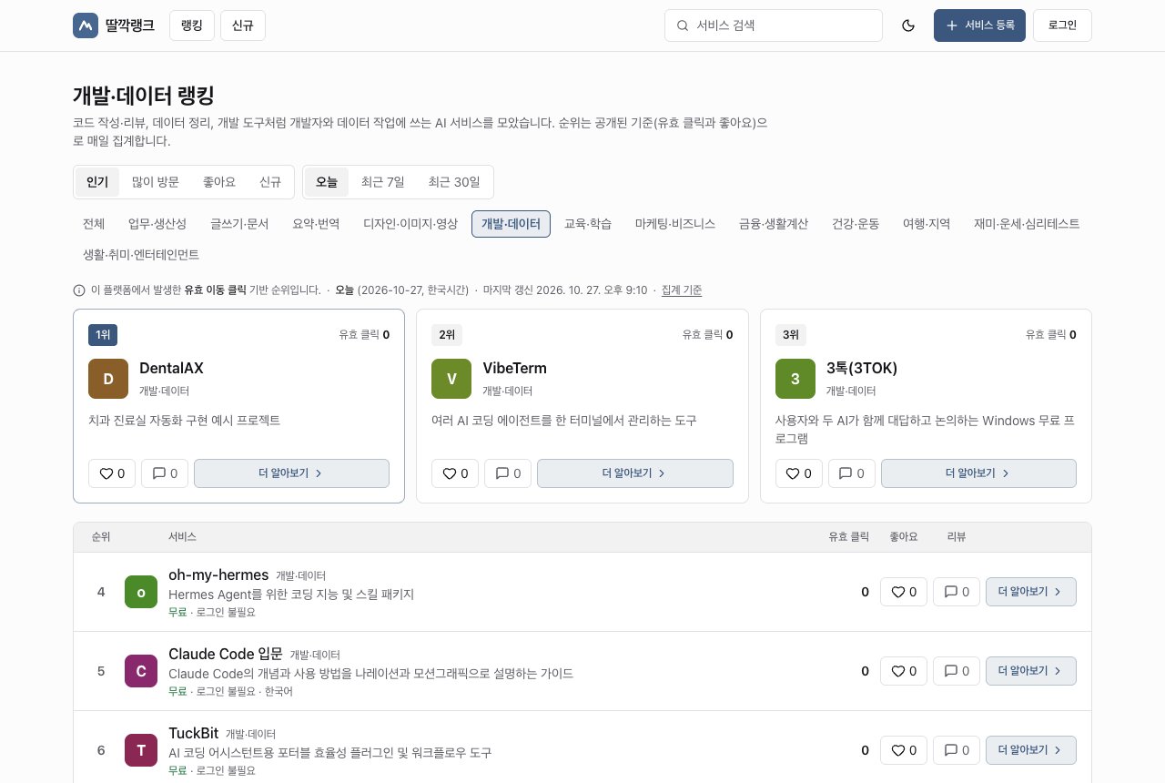 딸깍랭크 개발·데이터 분야 AI 코딩 도구 추천 랭킹 화면